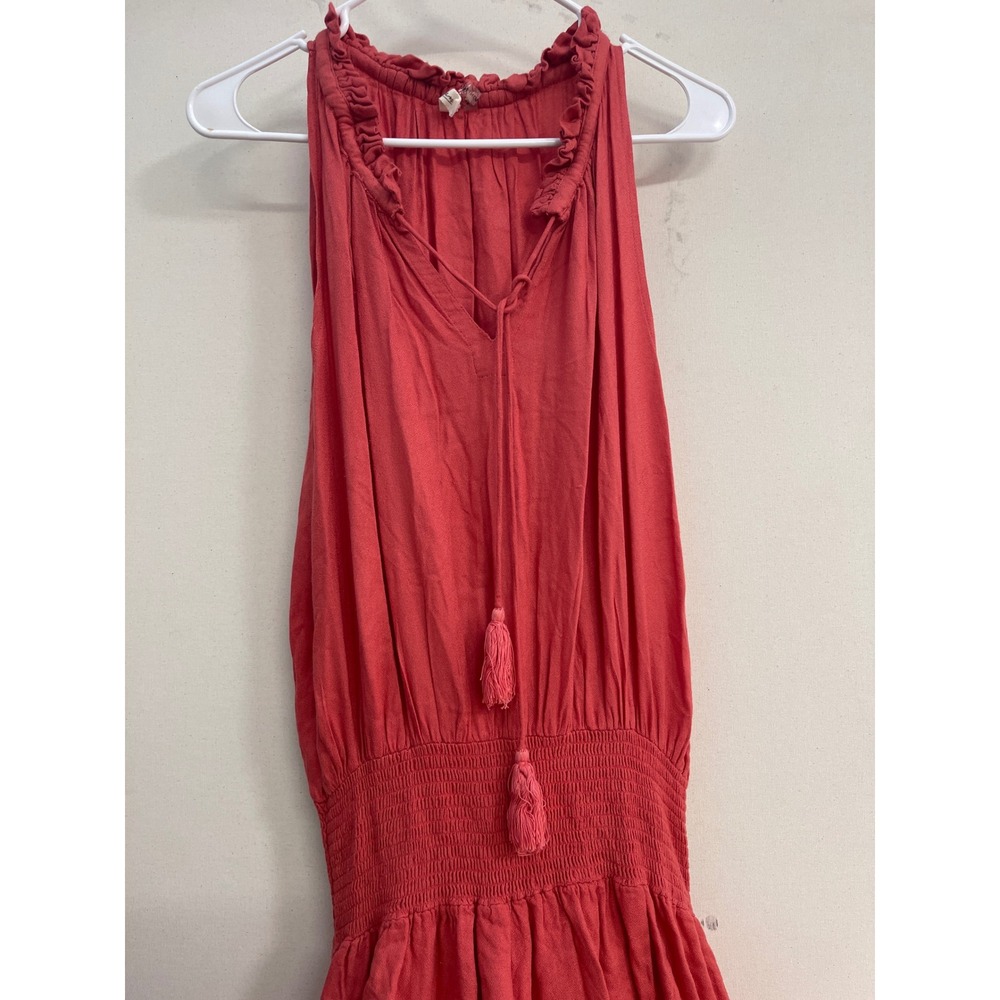 Elan Coral Pink Smocked Waist Tassel Tie Ruffle Neck Sleeveless Mini Dress